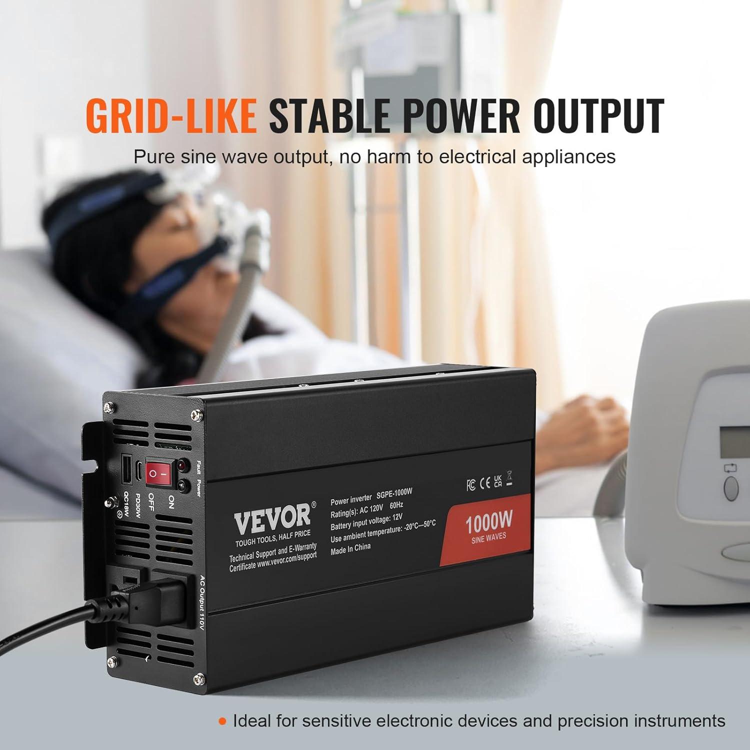 image:imageVEVOR 1000W Pure Sine Wave Inverter DC 12V to AC 120V Power Inverter with 2 AC Outlets 1 USB Port 1 TypeC Port Remote Control for Small Home Devices Like Smartphone Laptop CE FCC Certified1000W
