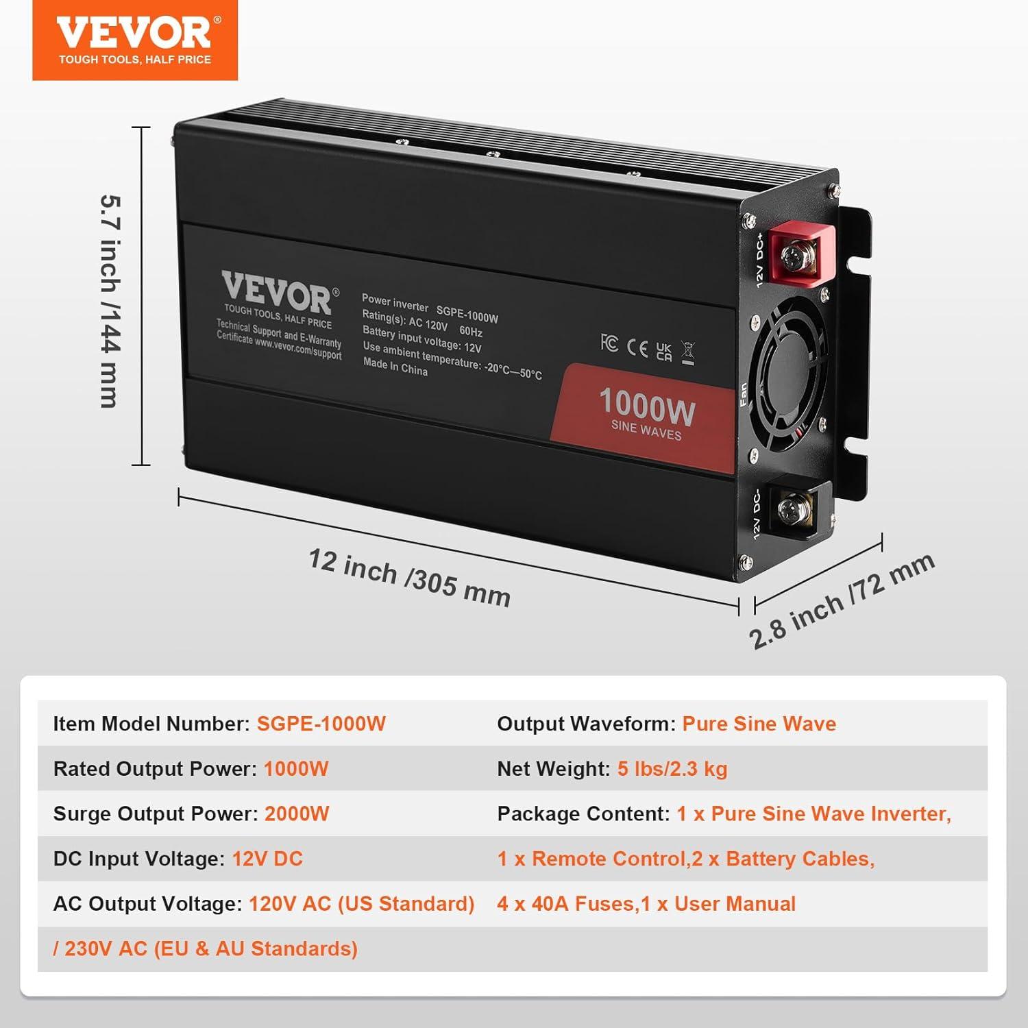 image:imageVEVOR 1000W Pure Sine Wave Inverter DC 12V to AC 120V Power Inverter with 2 AC Outlets 1 USB Port 1 TypeC Port Remote Control for Small Home Devices Like Smartphone Laptop CE FCC Certified1000W