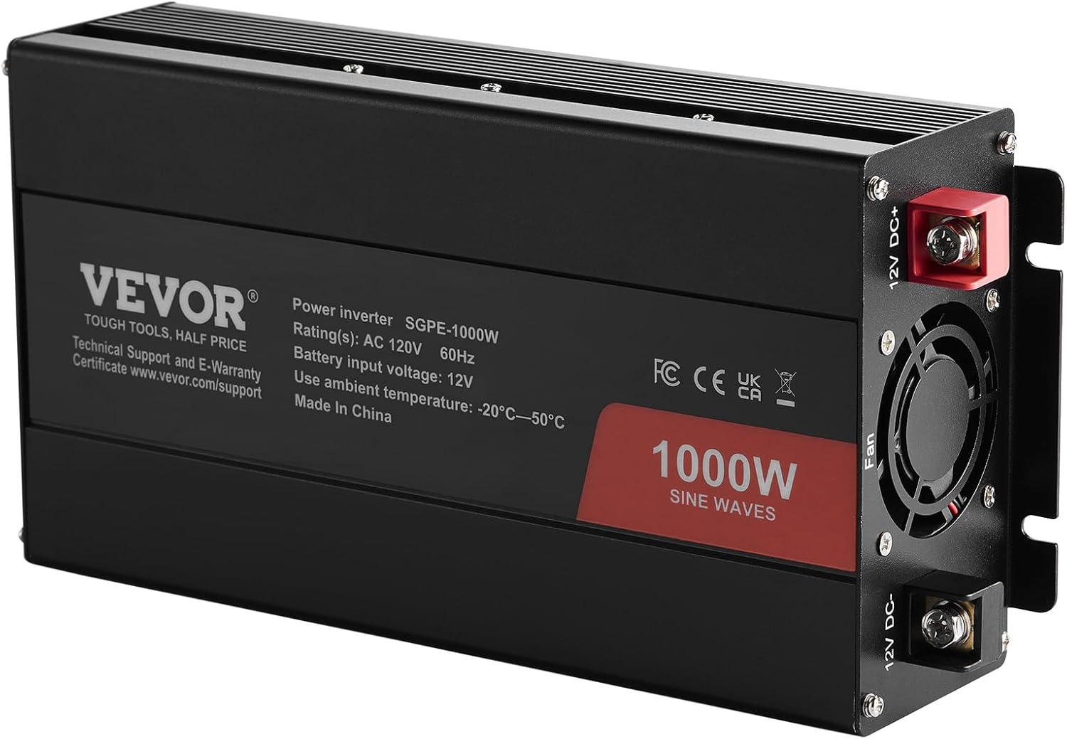 image:imageVEVOR 1000W Pure Sine Wave Inverter DC 12V to AC 120V Power Inverter with 2 AC Outlets 1 USB Port 1 TypeC Port Remote Control for Small Home Devices Like Smartphone Laptop CE FCC Certified1000W