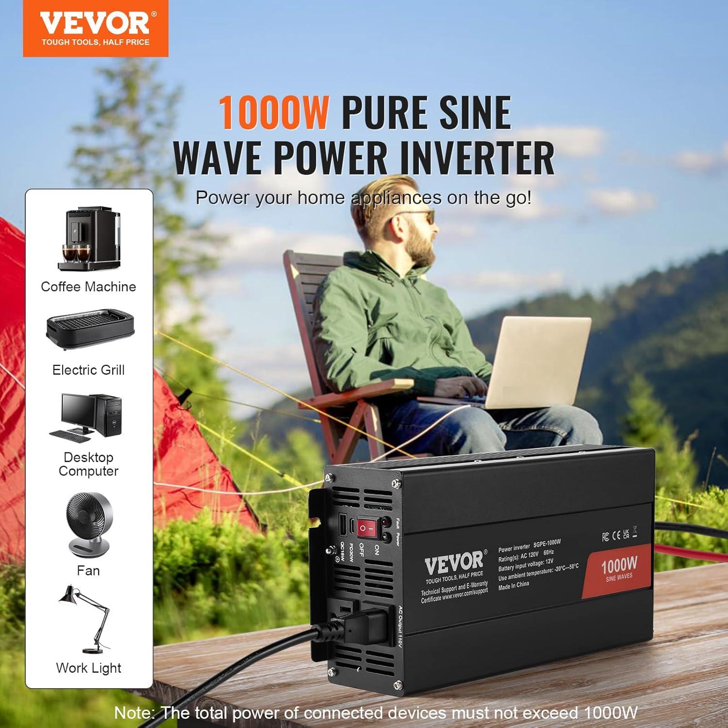 image:imageVEVOR 1000W Pure Sine Wave Inverter DC 12V to AC 120V Power Inverter with 2 AC Outlets 1 USB Port 1 TypeC Port Remote Control for Small Home Devices Like Smartphone Laptop CE FCC Certified1000W