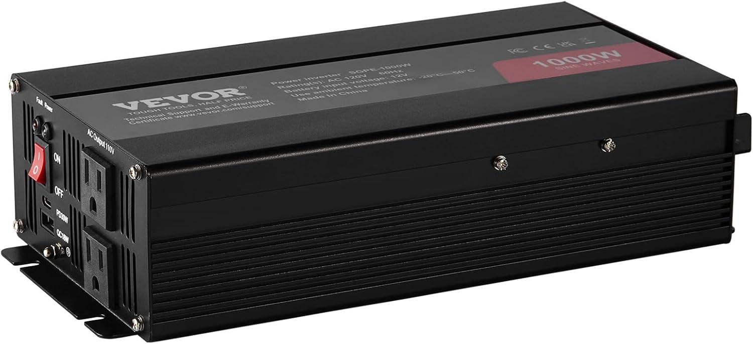 image:imageVEVOR 1000W Pure Sine Wave Inverter DC 12V to AC 120V Power Inverter with 2 AC Outlets 1 USB Port 1 TypeC Port Remote Control for Small Home Devices Like Smartphone Laptop CE FCC Certified1000W