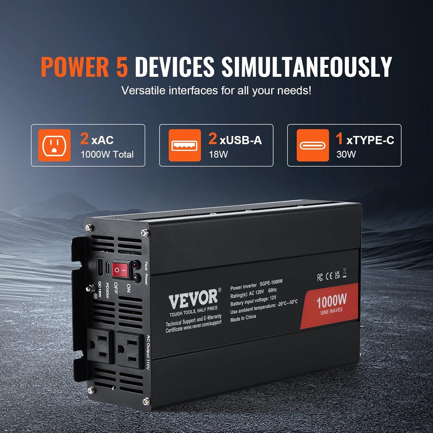 image:imageVEVOR 1000W Pure Sine Wave Inverter DC 12V to AC 120V Power Inverter with 2 AC Outlets 1 USB Port 1 TypeC Port Remote Control for Small Home Devices Like Smartphone Laptop CE FCC Certified1000W