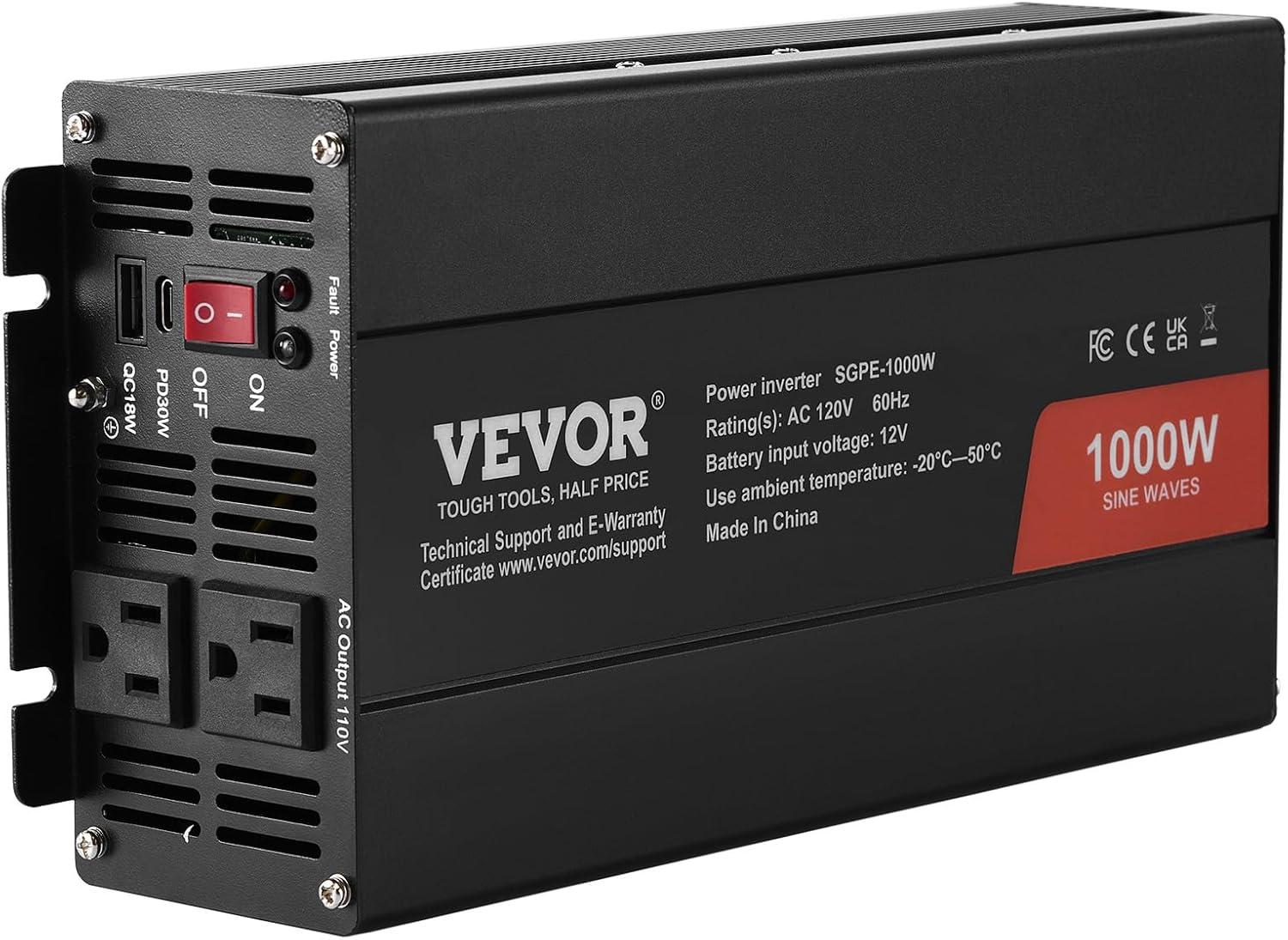 image:imageVEVOR 1000W Pure Sine Wave Inverter DC 12V to AC 120V Power Inverter with 2 AC Outlets 1 USB Port 1 TypeC Port Remote Control for Small Home Devices Like Smartphone Laptop CE FCC Certified1000W
