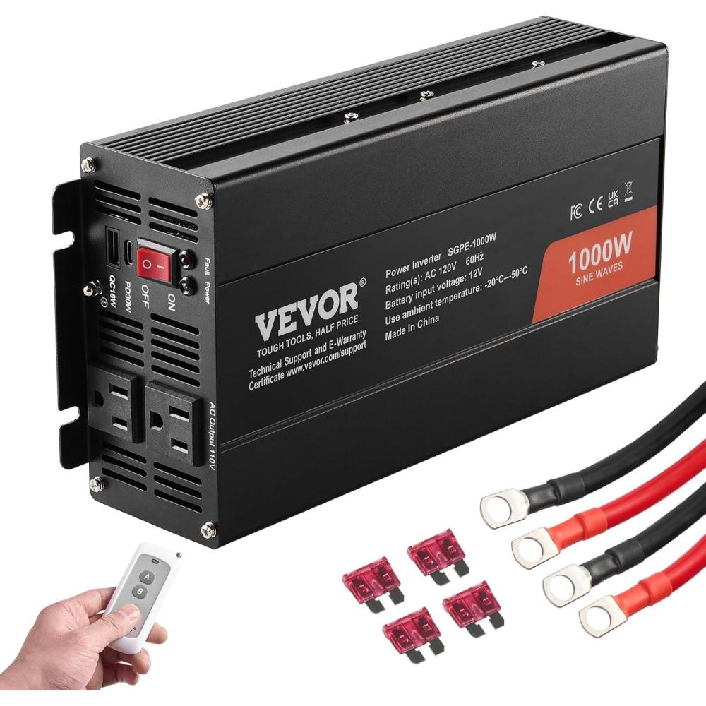 image:imageVEVOR 1000W Pure Sine Wave Inverter DC 12V to AC 120V Power Inverter with 2 AC Outlets 1 USB Port 1 TypeC Port Remote Control for Small Home Devices Like Smartphone Laptop CE FCC Certified1000W