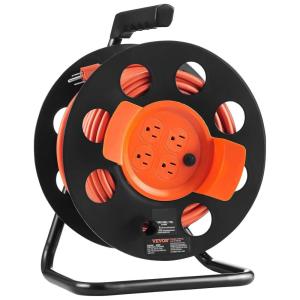 image:imageVEVOR 100 FT Retractable Extension Cord Reel with 4 Outlets amp Heavy Duty 14AWG SJTOW Power Cord Cable Portable Handle and Safety Overload Circuit Breaker for Outdoor Indoor Toolshed Garage Use14AWG