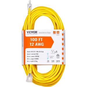 image:imageVEVOR 100FT Indoor Outdoor Extension Cord 16AWG 10Amps 1250W 3 Prongs Appliance Electric Cord with Lighted End Flexible amp 40C ColdResistant for Office Home Use ETL Listed12AWG