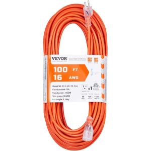 image:imageVEVOR 100FT Indoor Outdoor Extension Cord 16AWG 10Amps 1250W 3 Prongs Appliance Electric Cord with Lighted End Flexible amp 40C ColdResistant for Office Home Use ETL Listed16AWG