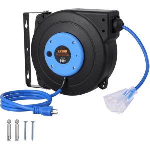 image:imageVEVOR Retractable Extension Cord Reel 30 FT Heavy Duty 16AWG3C SJTOW Retractable Power Cord Reel with Lighted Triple Tap Outlet 10 Amp Circuit Breaker 45FT Leadin Cord for Ceiling or Wall MountBlue