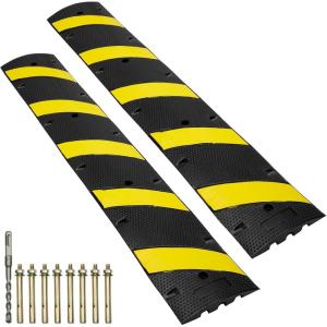 image:imageVEVOR 2PCs 6 ft72 Rubber Speed Hump 2 Channel 22000 lbs Capacity Heavy Duty Traffic Speed Bump with High Reflective Yellow Strip 8 Expansion Screws and 1 Drill for Asphalt Concrete Gravel Roads2 PCs