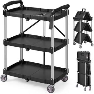 image:imageVEVOR Foldable Utility Service Cart 165LBS 3 Shelf Heavy Duty Plastic Rolling Cart with 360 Swivel Wheels 2 with Brakes Ergonomic Handle Portable Garage Tool Cart for Warehouse Office Home