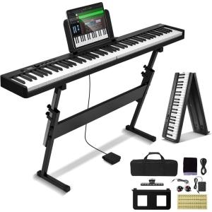 image:imageVEVOR 88 Folding Keyboard Bluetooth amp MIDI Portable Electronic Digital Foldable Piano with Stand Sustain Pedal Bag Touch Sensitive Keys Rechargeable for Beginners Teens Adults Black88 Key Black  with Stand