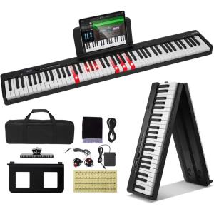image:imageVEVOR 88 Folding Keyboard Bluetooth amp MIDI Portable Electronic Digital Foldable Piano with Stand Sustain Pedal Bag Touch Sensitive Keys Rechargeable for Beginners Teens Adults Black88 Key Black  with Headphones