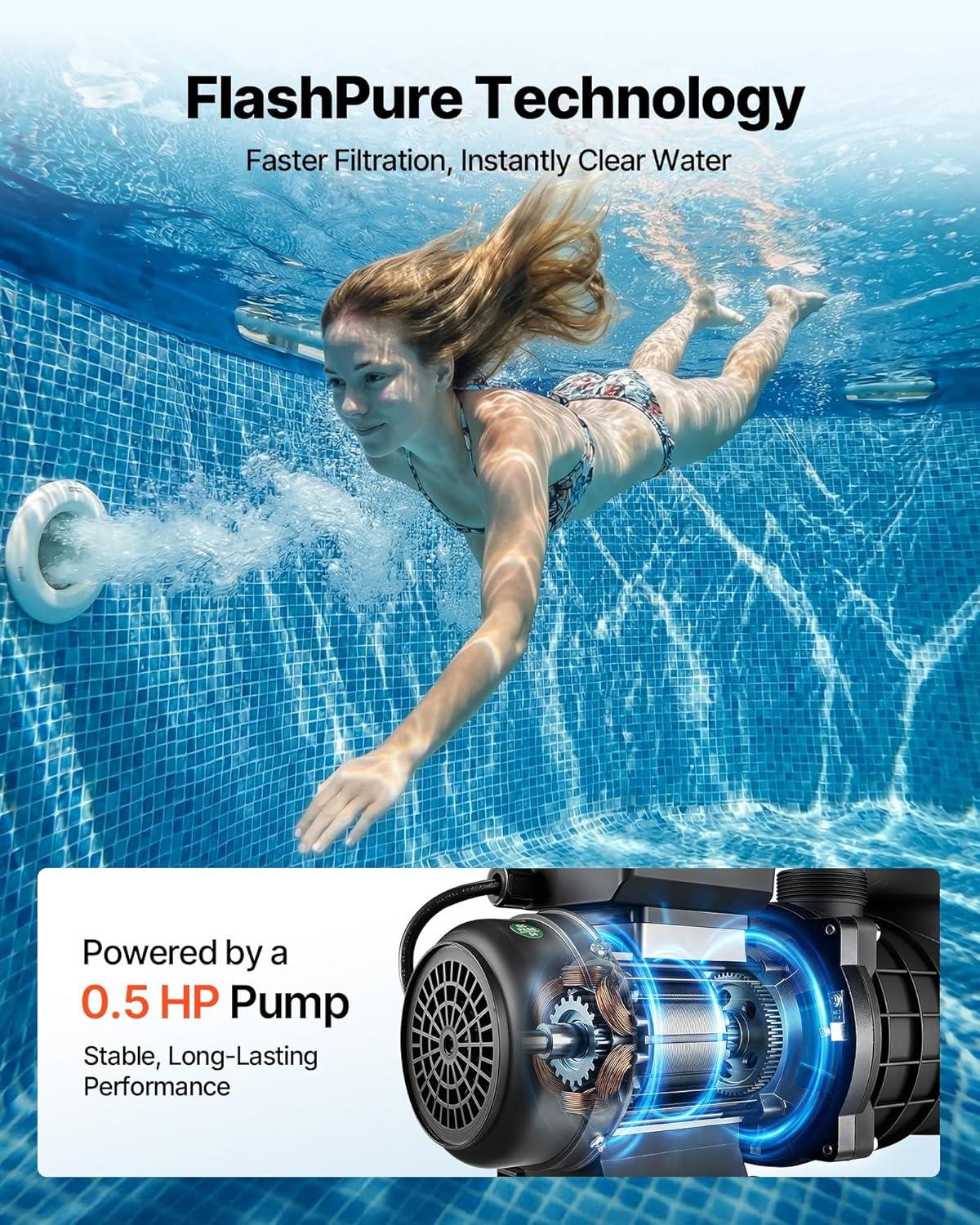image:imageVEVOR FlashPure Sand Filter Pump 12 in for Above Ground Pool 05 HP 3000 GPH Swimming Pool Filter System with Timer 6X Faster Filtration Media Installed LeakResistant Ready to Use Out of Box12 Inch  05 Hp  3000 Gph