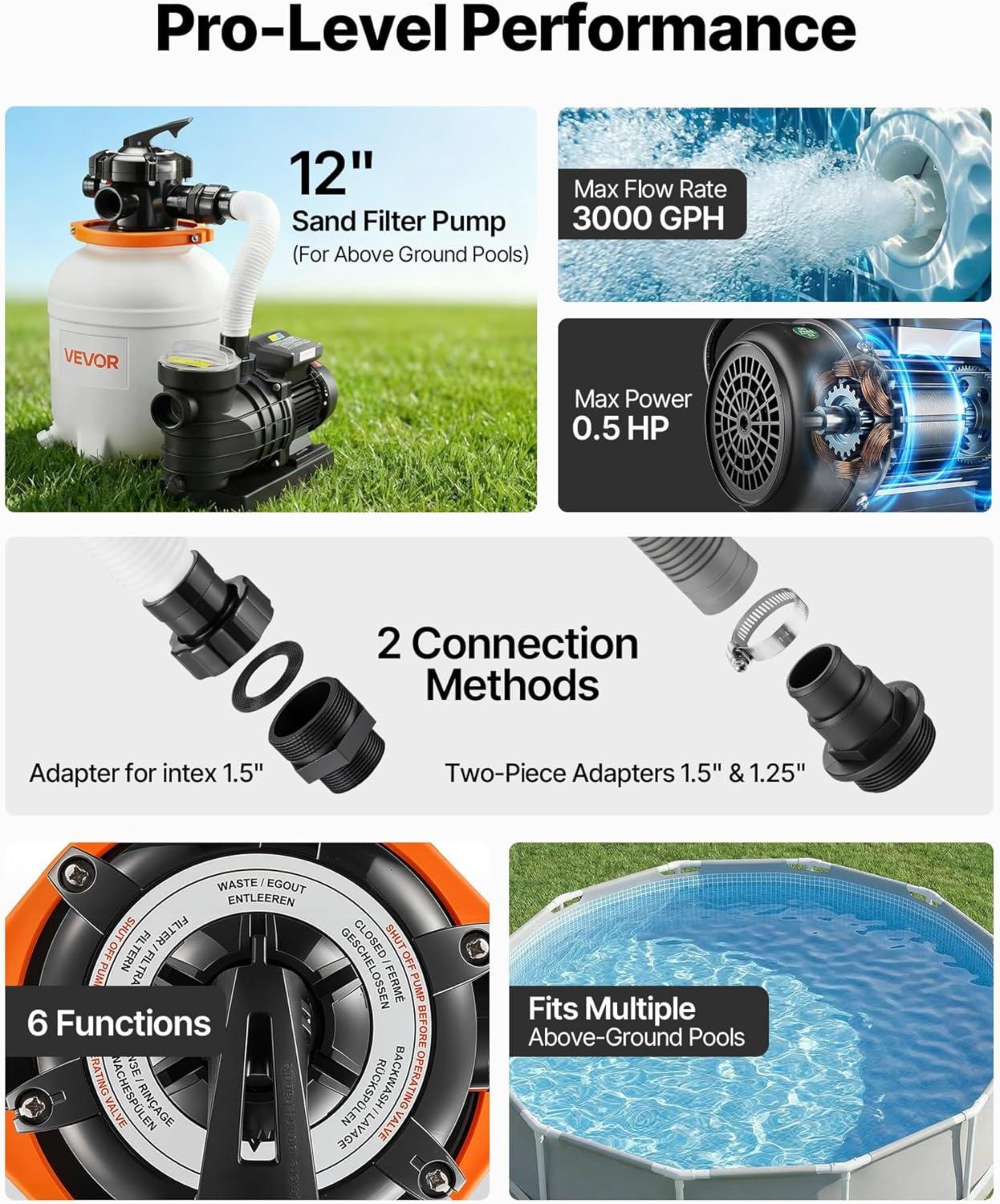 image:imageVEVOR FlashPure Sand Filter Pump 12 in for Above Ground Pool 05 HP 3000 GPH Swimming Pool Filter System with Timer 6X Faster Filtration Media Installed LeakResistant Ready to Use Out of Box12 Inch  05 Hp  3000 Gph