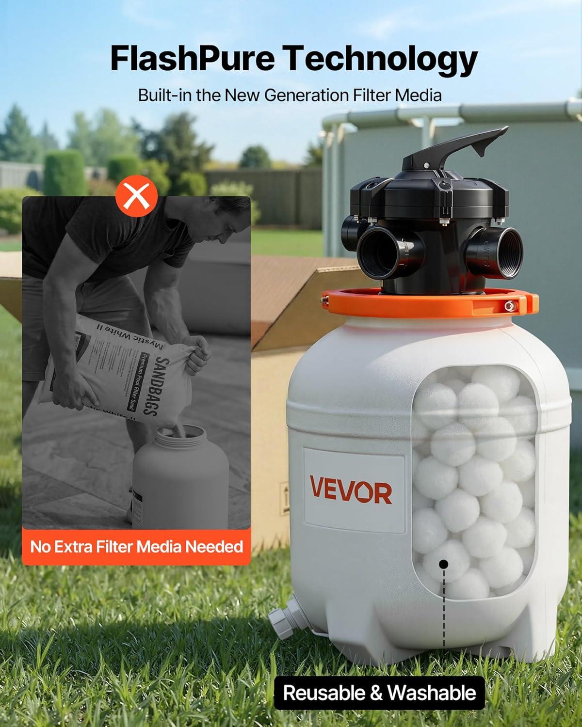 image:imageVEVOR FlashPure Sand Filter Pump 12 in for Above Ground Pool 05 HP 3000 GPH Swimming Pool Filter System with Timer 6X Faster Filtration Media Installed LeakResistant Ready to Use Out of Box12 Inch  05 Hp  3000 Gph