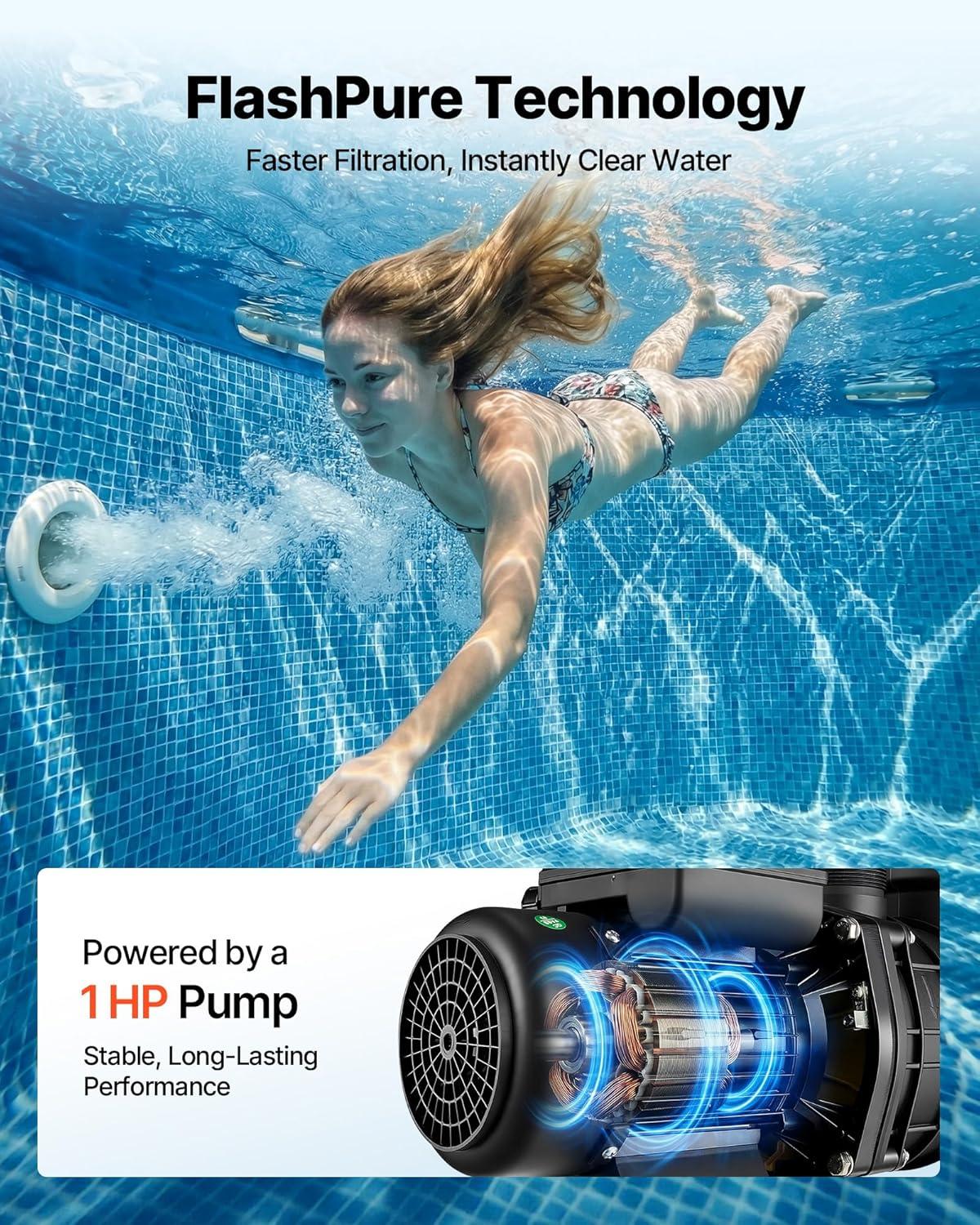 image:imageVEVOR FlashPure Sand Filter Pump 12 in for Above Ground Pool 05 HP 3000 GPH Swimming Pool Filter System with Timer 6X Faster Filtration Media Installed LeakResistant Ready to Use Out of Box16 inch  1 HP  4400 GPH