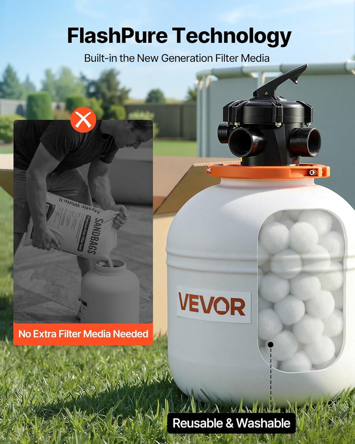 image:imageVEVOR FlashPure Sand Filter Pump 12 in for Above Ground Pool 05 HP 3000 GPH Swimming Pool Filter System with Timer 6X Faster Filtration Media Installed LeakResistant Ready to Use Out of Box16 inch  1 HP  4400 GPH