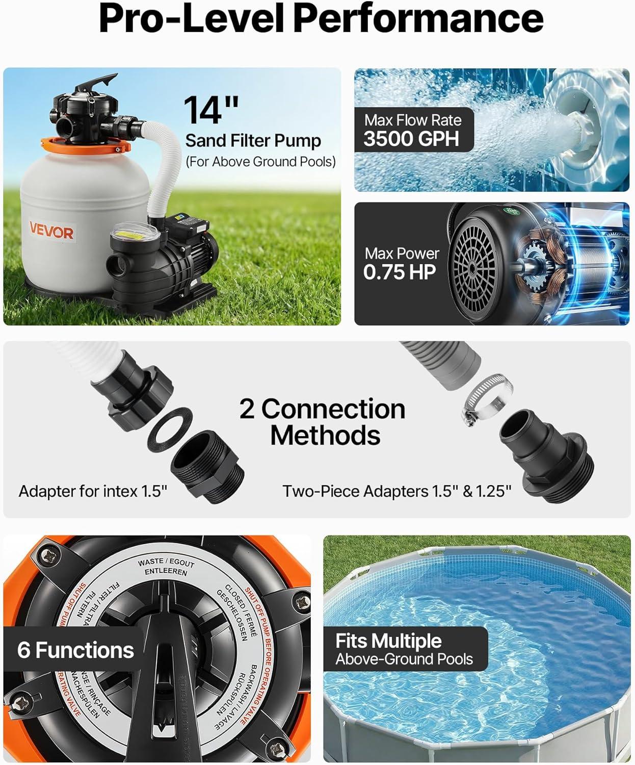 image:imageVEVOR FlashPure Sand Filter Pump 12 in for Above Ground Pool 05 HP 3000 GPH Swimming Pool Filter System with Timer 6X Faster Filtration Media Installed LeakResistant Ready to Use Out of Box14 Inch  075 Hp  3500 Gph