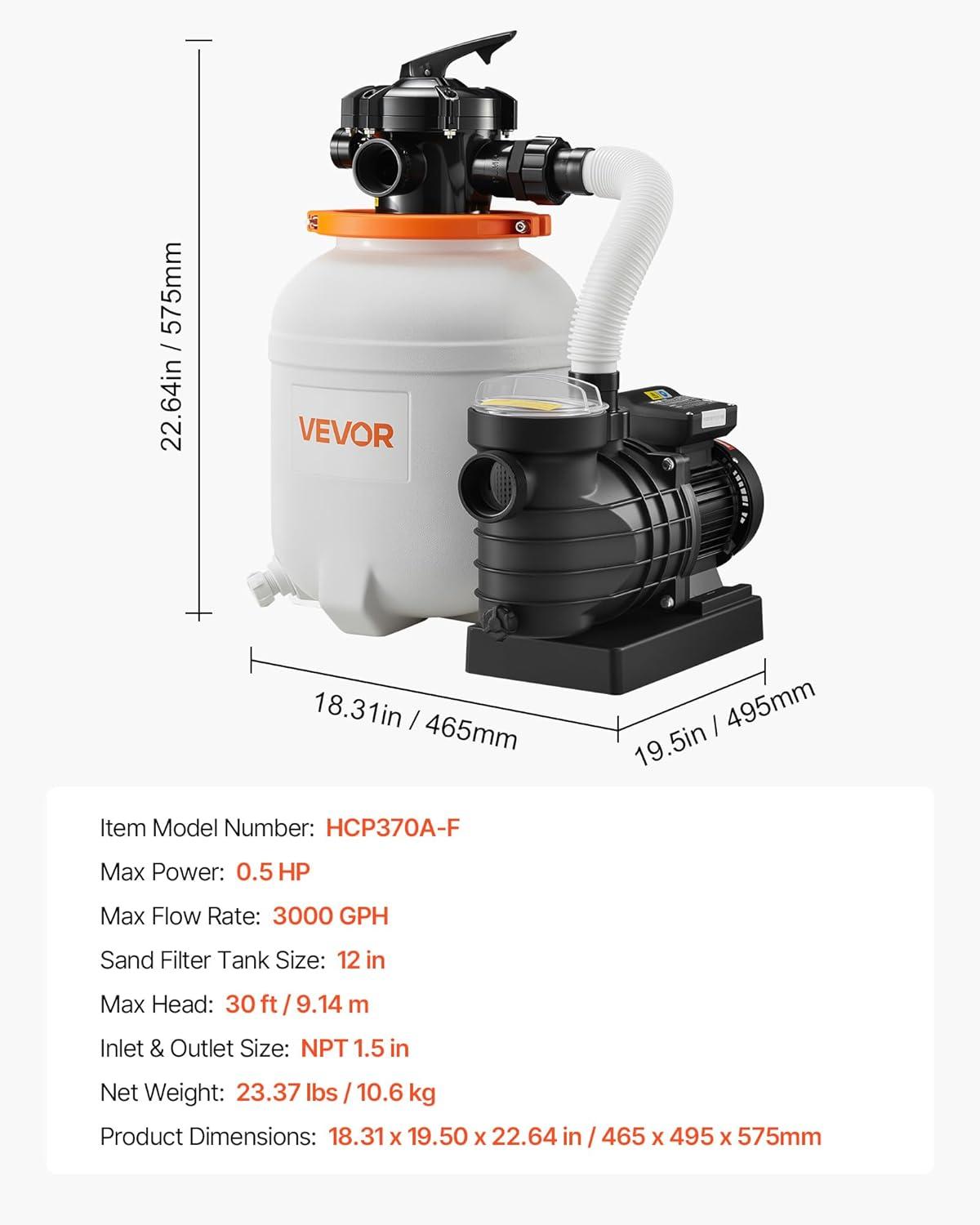 image:imageVEVOR FlashPure Sand Filter Pump 12 in for Above Ground Pool 05 HP 3000 GPH Swimming Pool Filter System with Timer 6X Faster Filtration Media Installed LeakResistant Ready to Use Out of Box12 Inch  05 Hp  3000 Gph