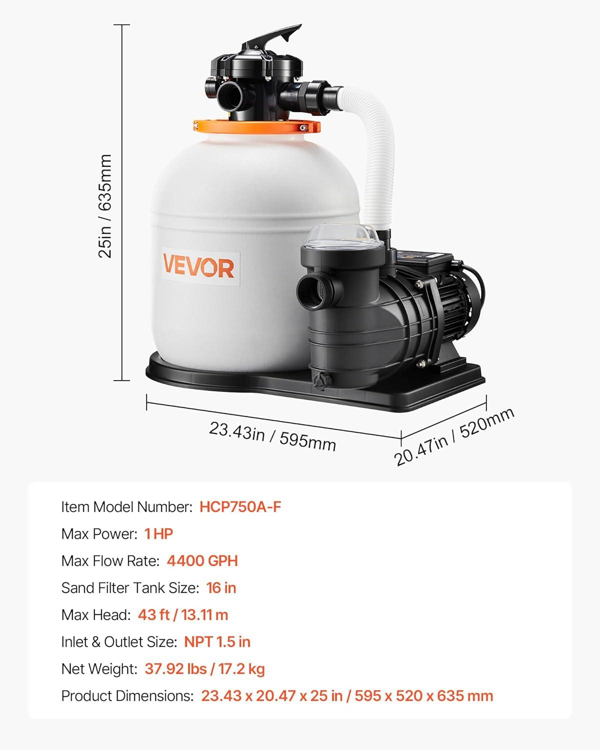 image:imageVEVOR FlashPure Sand Filter Pump 12 in for Above Ground Pool 05 HP 3000 GPH Swimming Pool Filter System with Timer 6X Faster Filtration Media Installed LeakResistant Ready to Use Out of Box16 inch  1 HP  4400 GPH