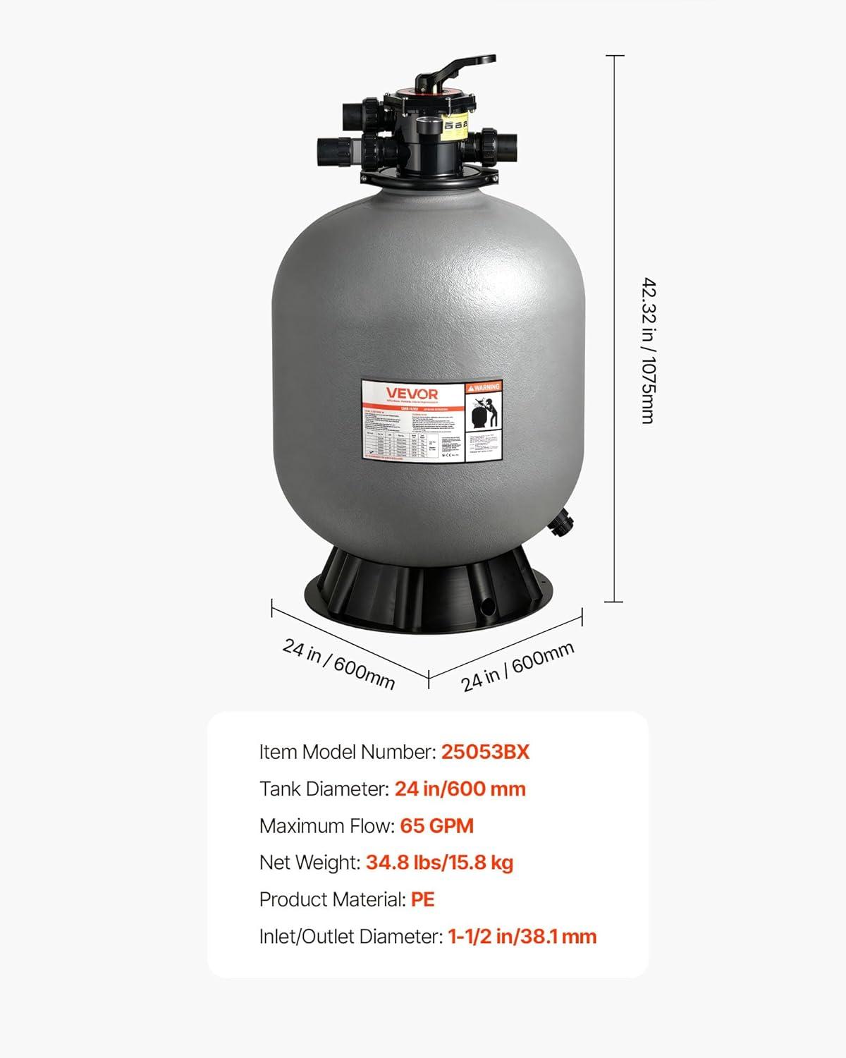 image:imageVEVOR Sand Filter 24Inch 65 GPM Above Inground Swimming Pool Sand Filter System with 7Way MultiPort Valve Backwash Rinse Recirculate Waste Winter Closed Modes for Above In Ground Pools24inch