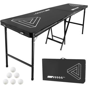 image:imageVEVOR 8 Foot Portable Pong Table Folding Tailgate Table Cup Holes Dry Erase Markers and Carrying Handles Adjustable Height Lightweight Table for Office Tailgate Party amp CampingHeightenBlack