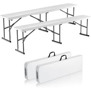 image:imageVEVOR Plastic Folding Bench 6ft Portable Folding Bench Smooth High Density Polyethylene Waterproof Outdoor Bench Picnic Camping Table with Handle for Garden Soccer Playtime White 2 PackWhite