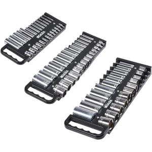 image:imageVEVOR Portable Socket Organizer Tray 3Piece Metric amp SAE Socket Organizer Set 14 38 and 12 HeavyDuty Socket Holder with Handle amp Magnetic Base for Tool Box Drawer Hold up to 76 SocketsMagnetic Socket Holder