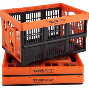 image:imageVEVOR Plastic Collapsible Storage Basket 45L 3 Packs Folding Stackable Storage ContainersBins with Handles Large Heavy Duty Containers for Clothes Toys Books Snack Shoes and Grocery Organizing45LOrangeBlack