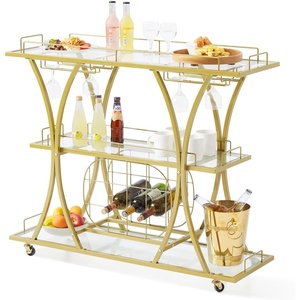 image:imageVEVOR Bar Cart Gold 3 Tiers Home Bar Serving Cart on Lockable Wheels Rolling Alcohol Cart with Tempered Glass Shelves Guardrail Wine Rack Modern Wine Cart for Home Kitchen Dining and Living RoomGold