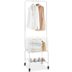 image:imageVEVOR Metal Rolling Laundry Basket with Hanging Garment Rack Laundry Hamper Cart Adjustable Height with Basket Load and Shelf Load Storage Organizer with Heavy Duty Lockable WheelsWhite