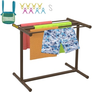 image:imageVEVOR Pool Towel Rack 5 Bar Brown Freestanding Outdoor PVC TShape Poolside Storage Organizer Include 8 Towel Clips Mesh Bag Hook Also Stores Floats and Paddles for Beach Swimming Pool HomeBrown
