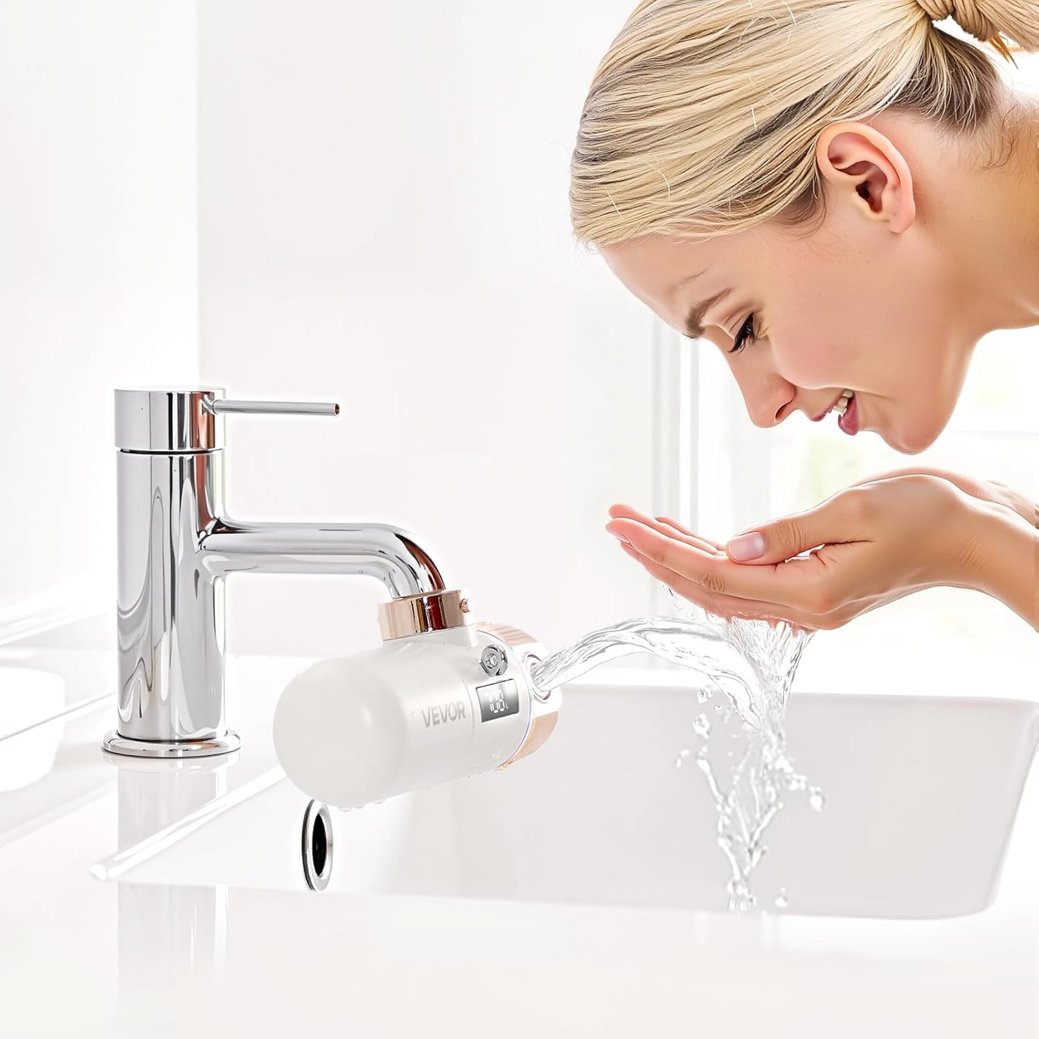 image:imageVEVOR Skincare Water Filter Faucet Mount Water Filters with MicroNano Bubble for Skin Sink Tap Purifier Removes Chlorine with 1 Filter for Kitchen and Bathroom Faucets White  GoldGold
