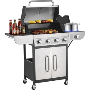 image:imageVEVOR Gas Grill 4 Burner Propane Gas Grill with Side Burner 425 SQIn Grilling Area Carbon Steel Enamel Grates Outdoor 52000 BTU Patio Garden BBQ Grills with Two Side Shelves Stainless Steel41 Burner Stainless Steel