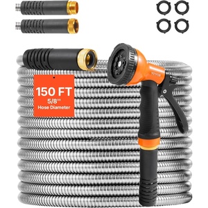 image:imageVEVOR Metal Garden Hose 200 ft Heavy Duty Stainless Steel Water Hose with 10Function Nozzle NoKink amp Flexible Outdoor Garden Hose RustProof Lightweight Hose for Yard RV Car Wash150 ft with 10 Function Spray Nozzle
