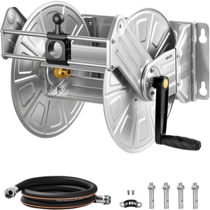 image:imageVEVOR Wall Mounted Garden Hose Reel Holds 125 ft 58inch Hose HeavyDuty Water Hose Winder SpaceSaving Design Outdoor Manual Reel with Brass Fitting and Storage Basket for Yard LawnSilver