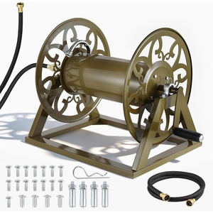 image:imageVEVOR Wall Mounted Garden Hose Reel Holds 125 ft 58inch Hose HeavyDuty Water Hose Winder SpaceSaving Design Outdoor Manual Reel with Brass Fitting and Storage Basket for Yard LawnBronze