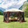 image:imageVEVOR 12  12ft 6 Sided Popup Canopy Shelter Tent with Mesh Windows Portable Carry Bag Stakes Large Shade Tents for Outdoor Camping Lawn and Backyard BrownBeigeBrown