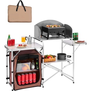 image:imageVEVOR Camping Kitchen Table Outdoor Camp Cooking Table Aluminum Portable Cook Station with Storage Cupboard Carrying Bag Detachable Windscreen Quick Setup for BBQ Party Picnic RV Travel BlackBrown