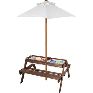 image:imageVEVOR Kids Picnic Table with Umbrella 3in1 Sand amp Water Table Outdoor Wooden Table and Bench Set with 2 Trays 4People Patio Dining Furniture for Garden Backyard and Porch Walnut