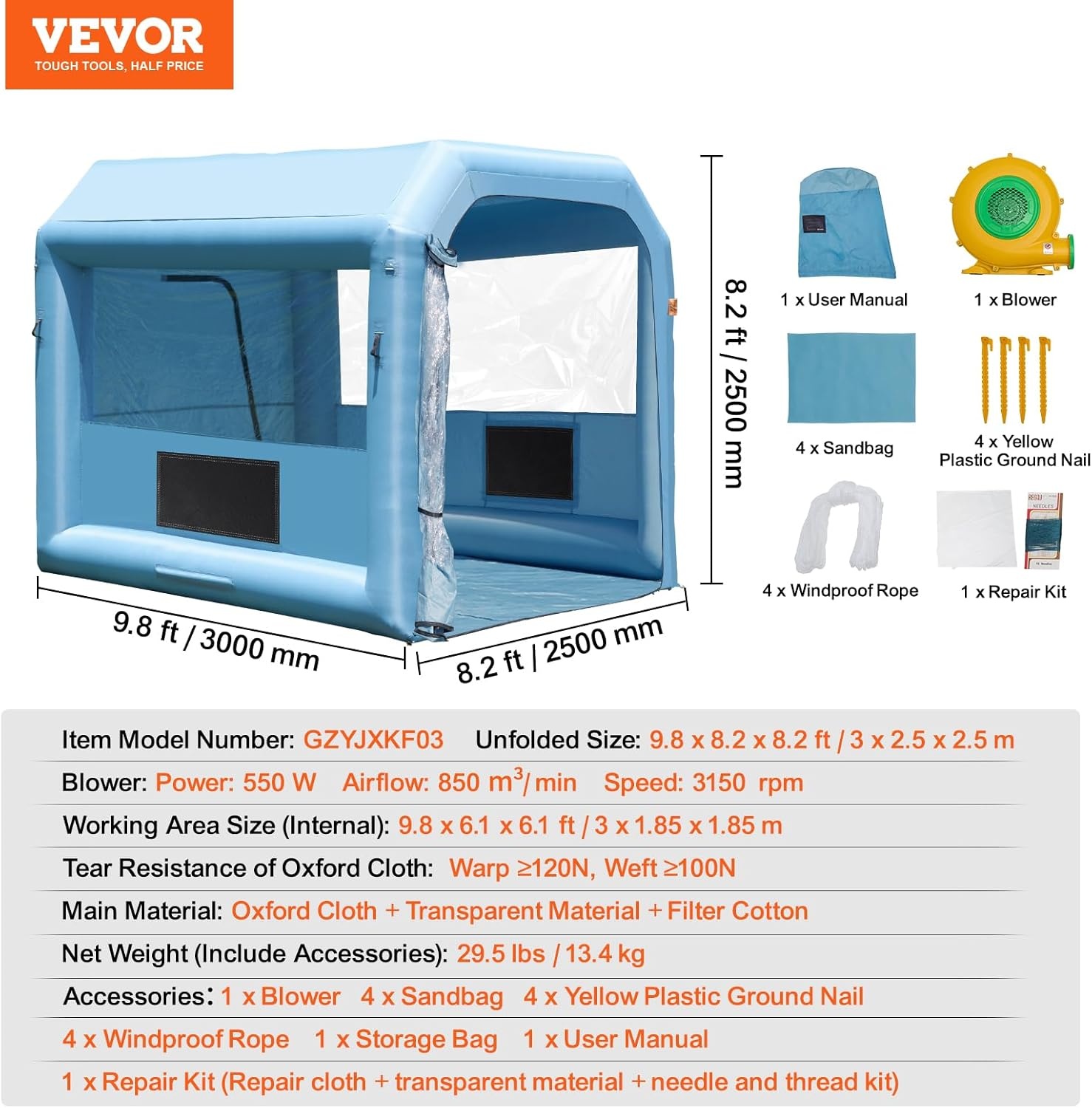 image:imageVEVOR Inflatable Paint Booth 98 x 82 x 82 ft Inflatable Spray Booth with 550W Powerful Blower and Air Filter System Portable Car Paint Booth for Motorcycle Bicycle Small Furniture Painting10x85x85Ft