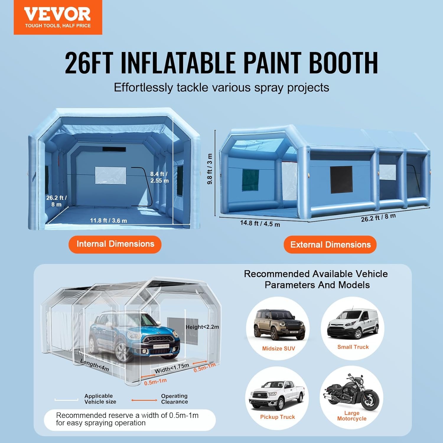 image:imageVEVOR Inflatable Paint Booth 98 x 82 x 82 ft Inflatable Spray Booth with 550W Powerful Blower and Air Filter System Portable Car Paint Booth for Motorcycle Bicycle Small Furniture Painting26x15x10Ft