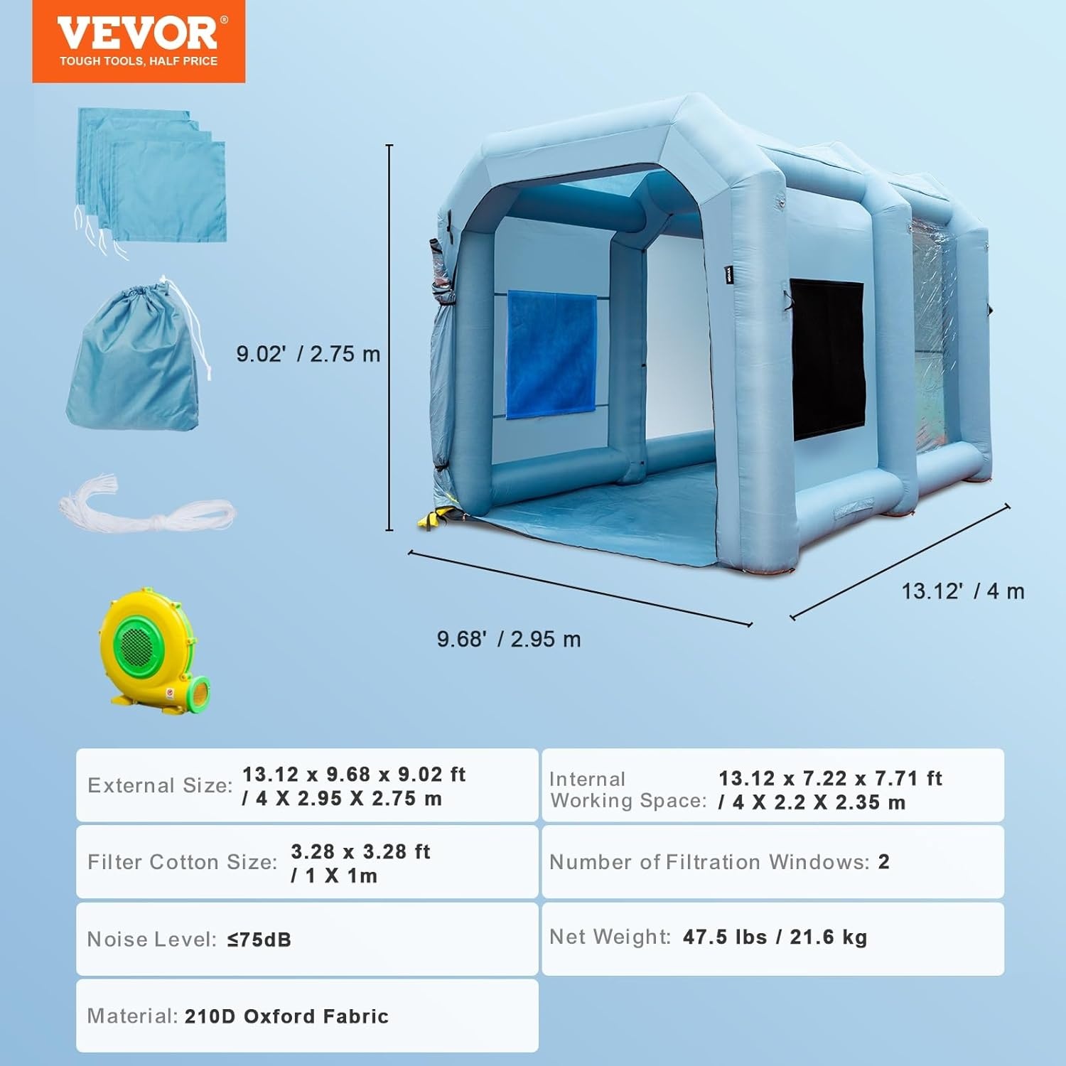 image:imageVEVOR Inflatable Paint Booth 98 x 82 x 82 ft Inflatable Spray Booth with 550W Powerful Blower and Air Filter System Portable Car Paint Booth for Motorcycle Bicycle Small Furniture Painting13x10x9Ft