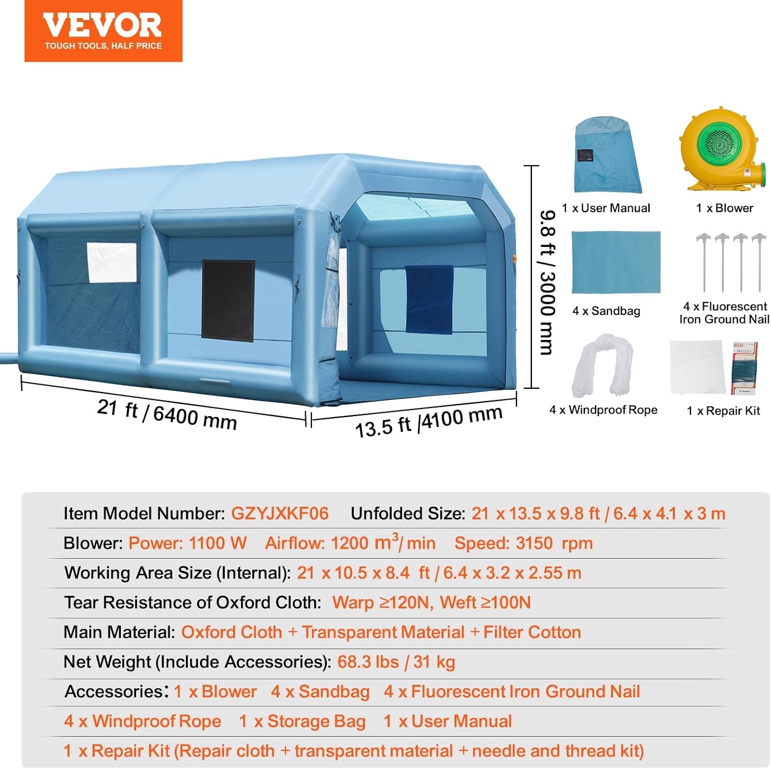 image:imageVEVOR Inflatable Paint Booth 98 x 82 x 82 ft Inflatable Spray Booth with 550W Powerful Blower and Air Filter System Portable Car Paint Booth for Motorcycle Bicycle Small Furniture Painting21x135x10Ft