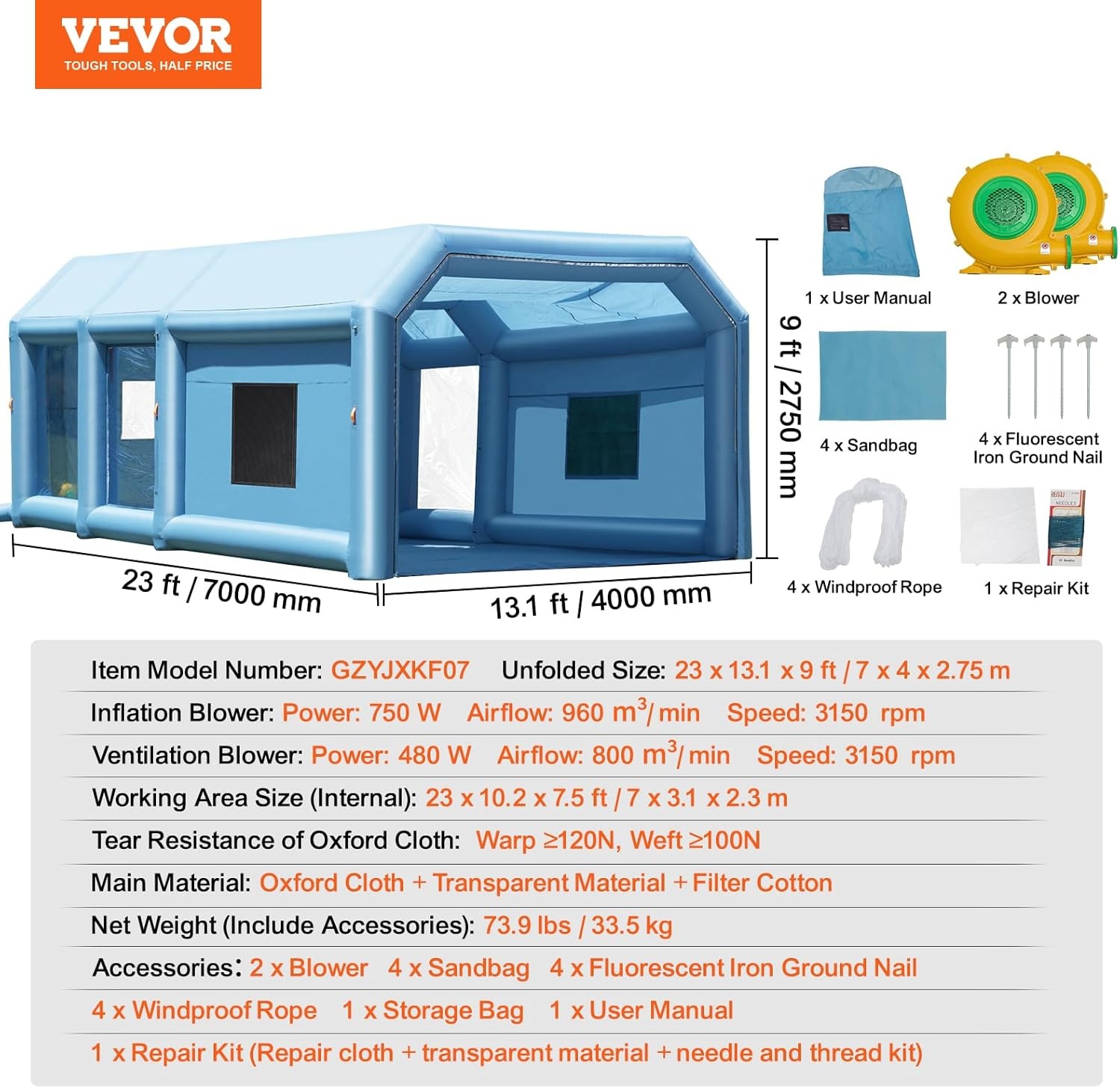image:imageVEVOR Inflatable Paint Booth 98 x 82 x 82 ft Inflatable Spray Booth with 550W Powerful Blower and Air Filter System Portable Car Paint Booth for Motorcycle Bicycle Small Furniture Painting23x13x9Ft