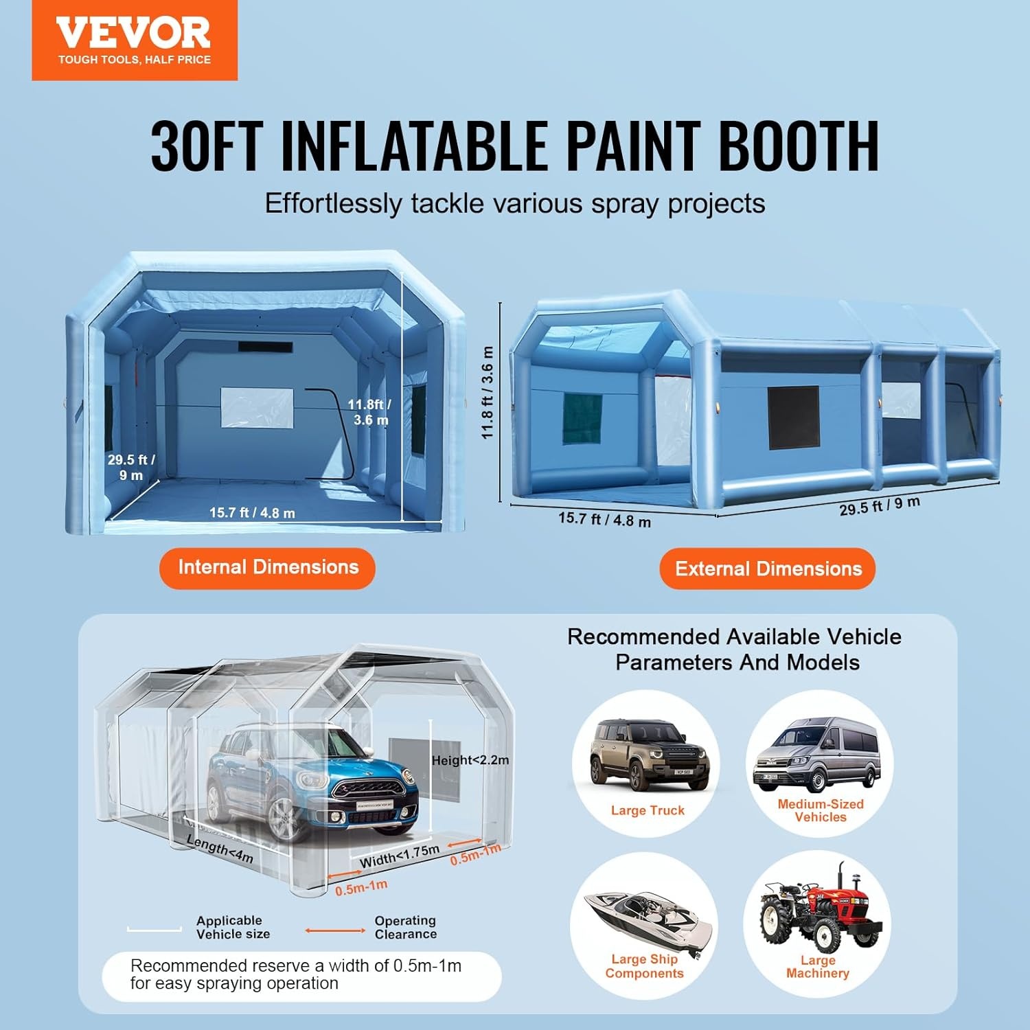 image:imageVEVOR Inflatable Paint Booth 98 x 82 x 82 ft Inflatable Spray Booth with 550W Powerful Blower and Air Filter System Portable Car Paint Booth for Motorcycle Bicycle Small Furniture Painting30x16x12Ft