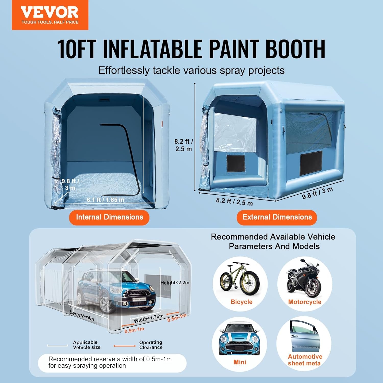 image:imageVEVOR Inflatable Paint Booth 98 x 82 x 82 ft Inflatable Spray Booth with 550W Powerful Blower and Air Filter System Portable Car Paint Booth for Motorcycle Bicycle Small Furniture Painting10x85x85Ft