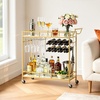 image:imageVEVOR Bar Cart 2 Tiers Home Kitchen Serving Carts Modern Rolling Utility Station on Wheels Drink Beverage Trolley with Mirrored Glass Shelves Wine Rack Glass Holder for Living Dining Room GoldGold