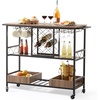 image:imageVEVOR Bar Cart 2 Tiers Home Kitchen Serving Carts Modern Rolling Utility Station on Wheels Drink Beverage Trolley with Mirrored Glass Shelves Wine Rack Glass Holder for Living Dining Room GoldRustic Brown and Black