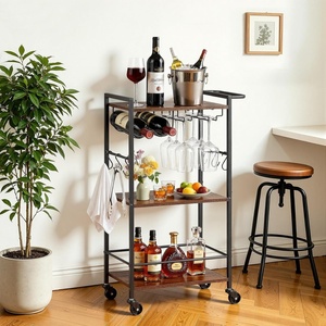 image:imageVEVOR Bar Cart 2 Tiers Home Kitchen Serving Carts Modern Rolling Utility Station on Wheels Drink Beverage Trolley with Mirrored Glass Shelves Wine Rack Glass Holder for Living Dining Room GoldRustic Brown and Black